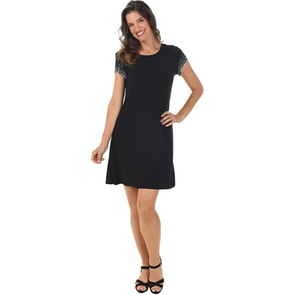 Tiana B. Black Shift Dress XL Short Sleeve‎ Pearl Beaded Cocktail Party NWT